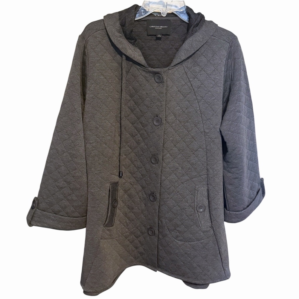 Christian Siriano New York Quilted Hooded Jacket Womens 1X Gray Button Front - Picture 8 of 8